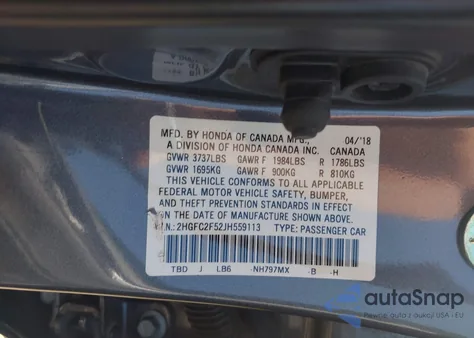 2018 Honda Civic Lx z USA, uszkodzony, nr VIN 2HGFC2F52JH559113